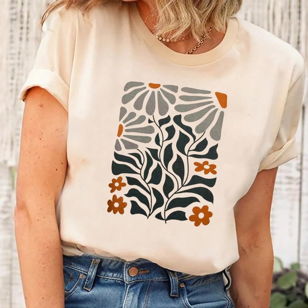 Floral Graphic Boxy Boho Wildflowers Soft Short Sleeve Casual Tee Shirt Festival